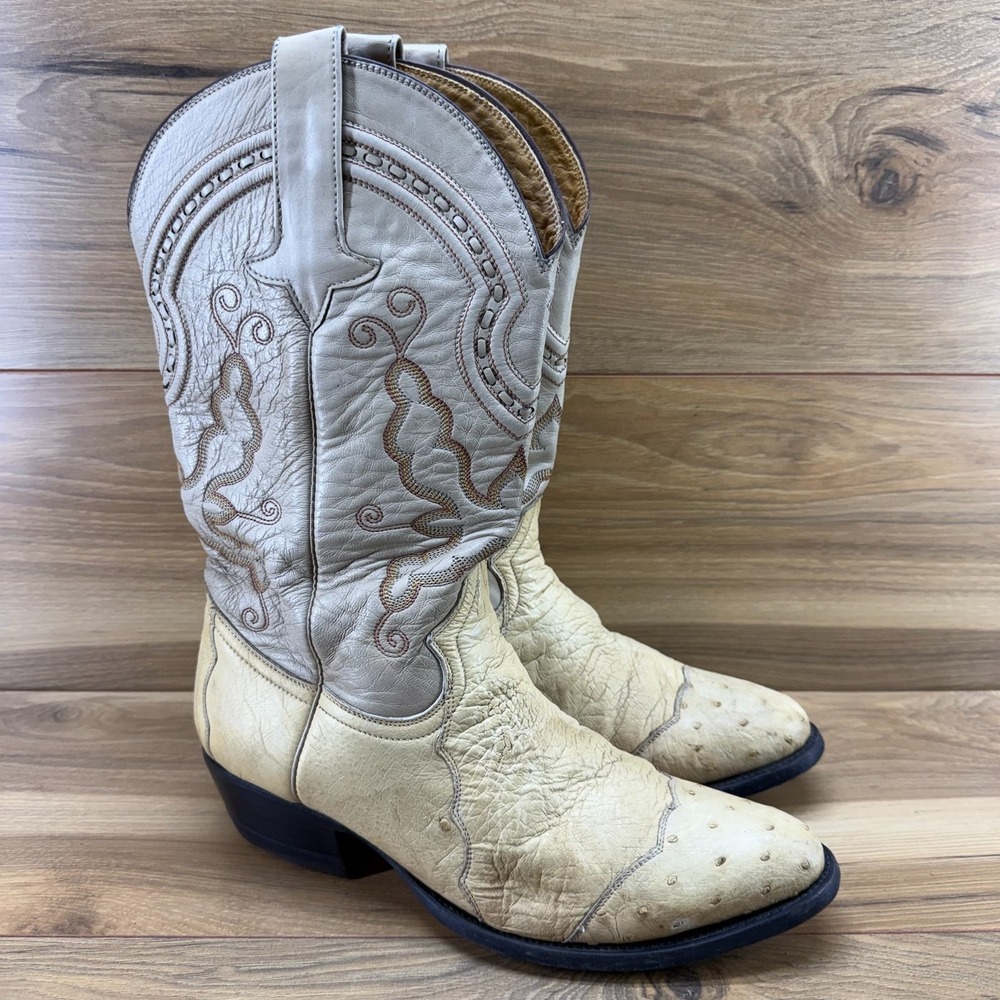 GAVEL Ostrich Leather Beige Western Boots Mens 9.5 EE Vintage Exotic Cowboy - Picture 2 of 12